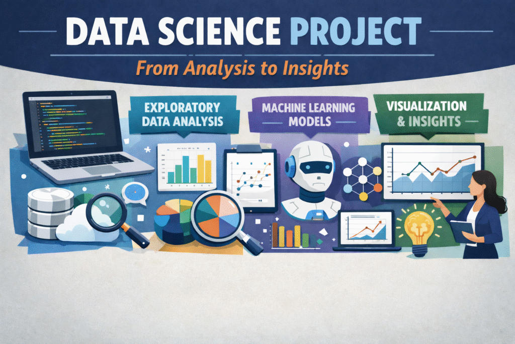 Infographic illustrating the data science project workflow, including exploratory data analysis, machine learning models, and data visualization, with charts, code snippets, AI robot icon, and a professional analyzing graphs on a screen.